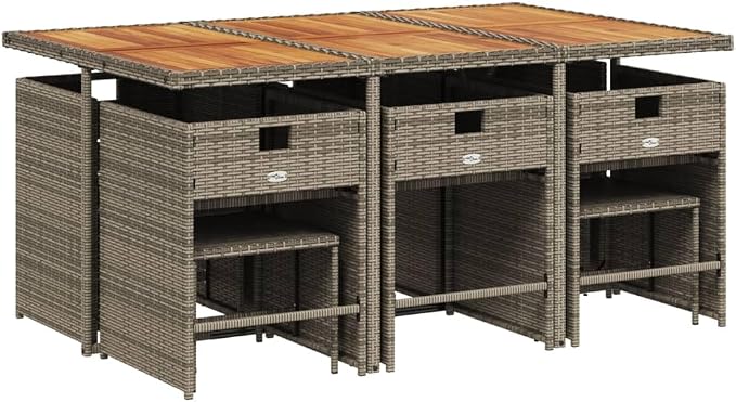 11 Piece Outdoor Patio Dining Set with Cushions Gray Poly Rattan, Foldable Chairs and Acacia Wood Table for Garden Backyard Deck Entertaining