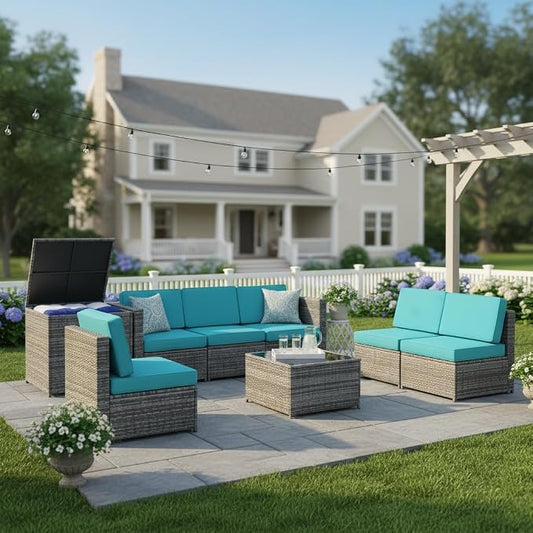Tangkula 8 Pieces Wicker Patio Furniture Set with Storage Deck Box, PE Rattan Outdoor Sectional Conversation Set with Coffee Table & Cushions, Outside Furniture for Garden Yard Poolside (Turquoise)