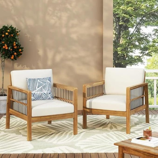 Merax Outdoor Patio Club Chairs,Set of 2,Acacia Wood Frame Conversation Set with Wicker for Porch Backyard,Classic Style