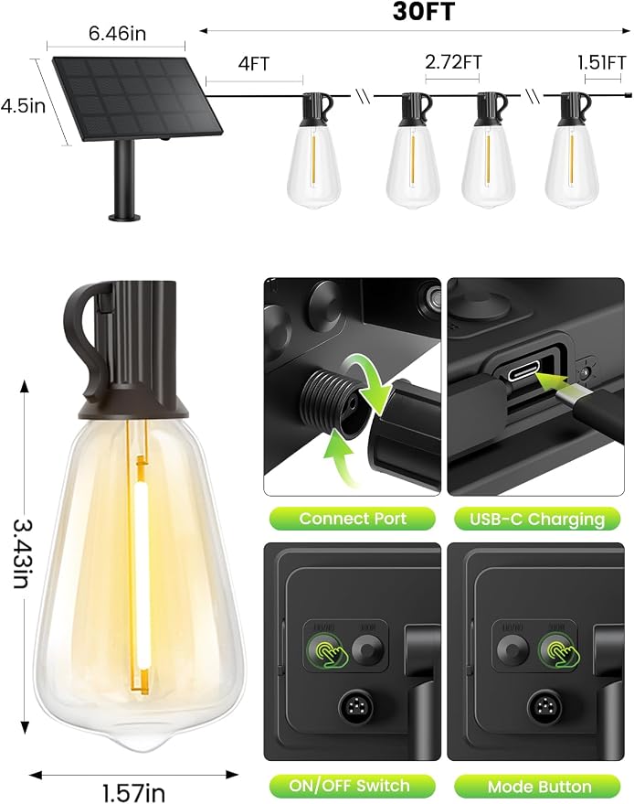 Svater Solar Outdoor String Lights 30 FT, ST38 Patio Lights Shatterproof Dimmable Vintage Edison Bulbs, Solar Powered Weatherproof Light for Patio, Backyard, Garden, Bistro, Warm White