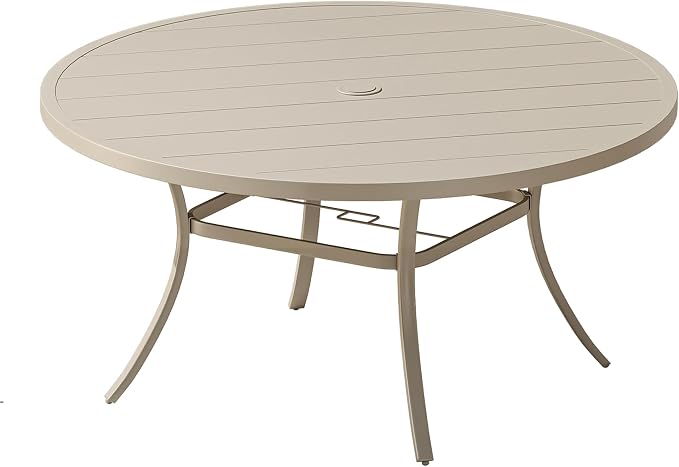 VICLLAX 53" Round Patio Table, Outdoor Dining Table for 8 with Umbrella Hole for Garden Lawn Deck Backyard, Sandshell
