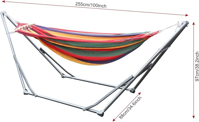HEVIRGO Hammock with Stand,Indoor Hammock Stand with Strong Load-Bearing,Double Hammock with Space Saving Metal Stand,Portable Hammock with Dual-bar Design for Backyard,Camping,Garden Red