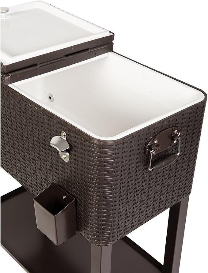 HIO 80 Qt Outdoor Patio Cooler Table On Wheels, with Shelf, Dark Brown Wicker