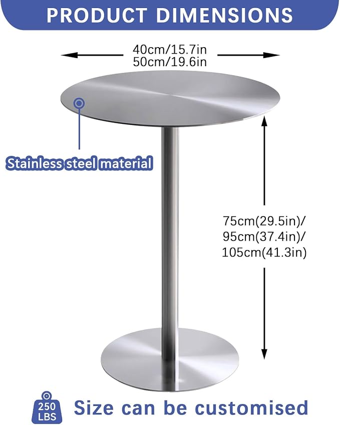 Stainless Steel Bar Table Leisure Table Round Kitchen Dining Table StylishSofa Side Tables for Garden Outdoor Patio Bistro Cafe Reception Area, High Table Desk with Metal Base ( Size : 50x50x75cm )