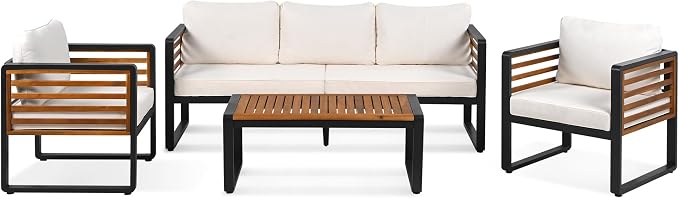 SOFTSEA 4-Piece Patio Acacia Wood Sofa Set, Outdoor Conversation Set with Heavy Duty Metal Frame & All Weather Cushions, Acacia Wood Sofa Set with Coffee Table for Balcony, Poolside, Beige
