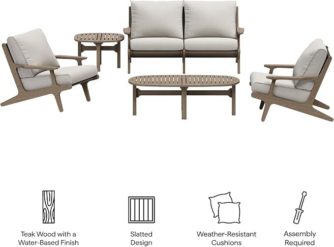 Modway Saratoga 5-Piece Teak Wood Outdoor Furniture Set in Weathered Gray Pebble - Patio Conversation Set with Loveseat, 2 Armchairs, Side Table and Coffee Table