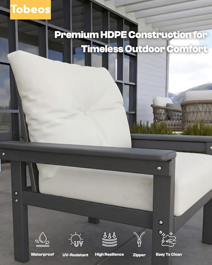 HDPE 3 Piece Patio Furniture Set, All-Weather Outdoor Couch Bistro Set with Thick Cushions & Side Table, Patio Conversation Sets for Lawn, Garden, Porch, Balcony, Deck, Poolside, Grey & Beige