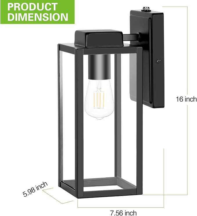 hykolity 16 Inch Dusk to Dawn Black Waterproof Outdoor Wall Light for Patio | Large Size Exterior Lantern with Glass Shade, Anti-Rust Outdoor Light Fixture Wall Mount for House, Patio, Garage, Backyard