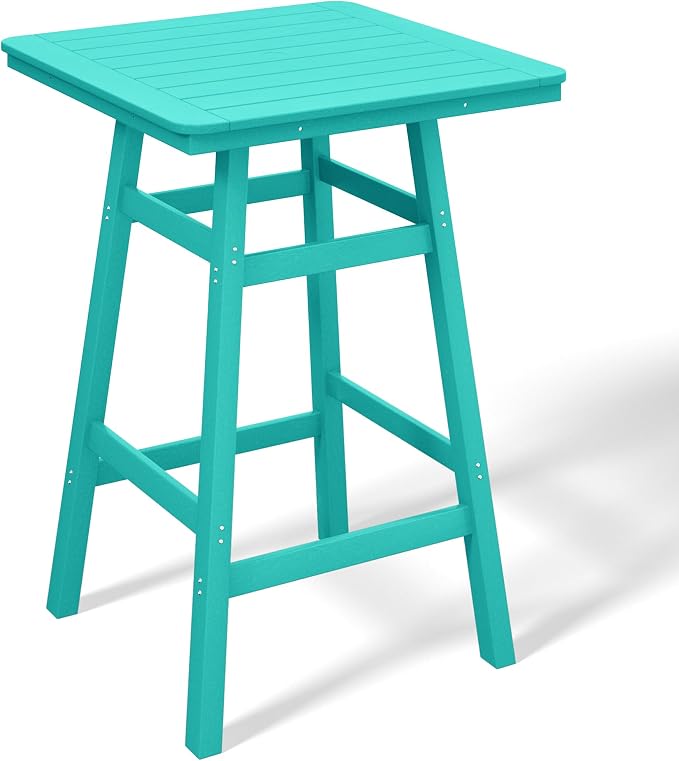 Costaelm Outdoor Bar Table, 42" Counter Height Square Patio Cocktail Bar Table with Umbrella Hole, Patio Bistro Dining Pub Table for Front Porch Deck Backyard Garden, Turquoise