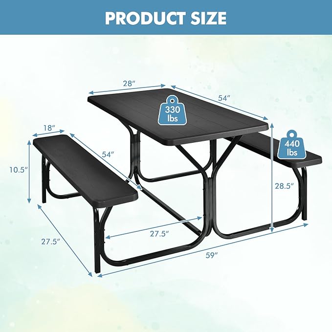 ORALNER Picnic Table, Resin Dining Table & 2 Benches Set, Weather Resistant Wood Grain Tabletop & Steel Frame, Plastic Picnic Tables for Outdoors, Porch Yard Patio Lawn Party Camping (Black)
