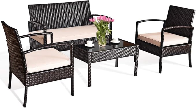 COSTWAY 4 PCS Patio Rattan Conversation Furniture Set Cushioned Seat Glass Tabletop