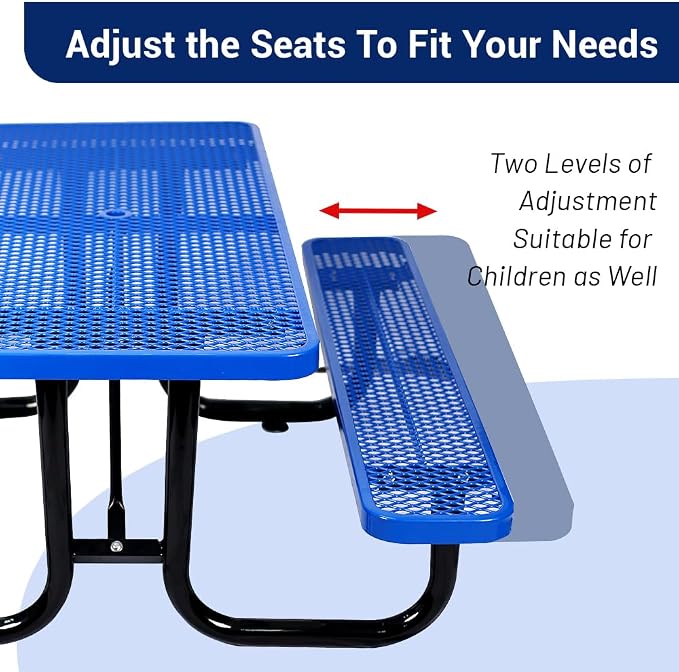 72" Thermoplastic Picnic Table with Umbrella Hole up to 1.5", Heavy Duty Commercial Picnic Table for Outdoor, Family & Party Ready for School Camping, Rectangular, Blue