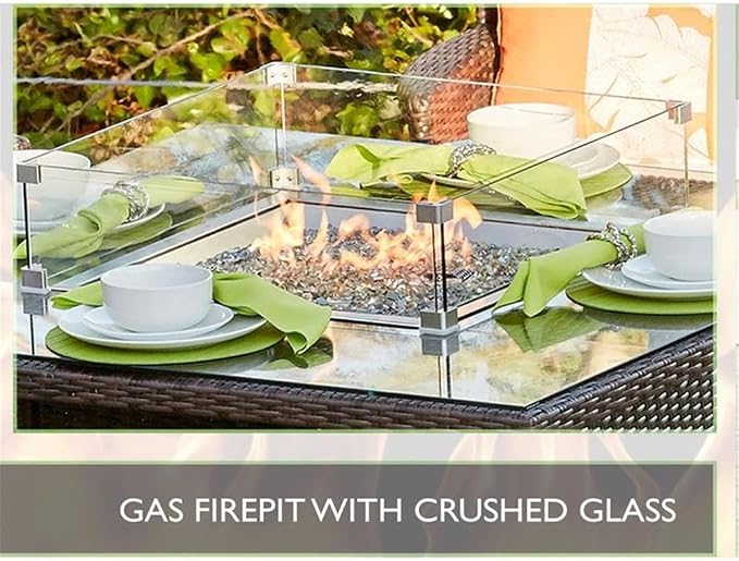 Brown Rattan 4 Seat Square Gas Fire Pit Set with Dining Chairs