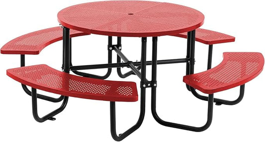 Coated Steel Heavy Duty Picnic Table for Outdoors 3200 lbs Load, Round Camping Table with 1.78" Umbrella Hole, Commercial Picnic Table with Benches, Red