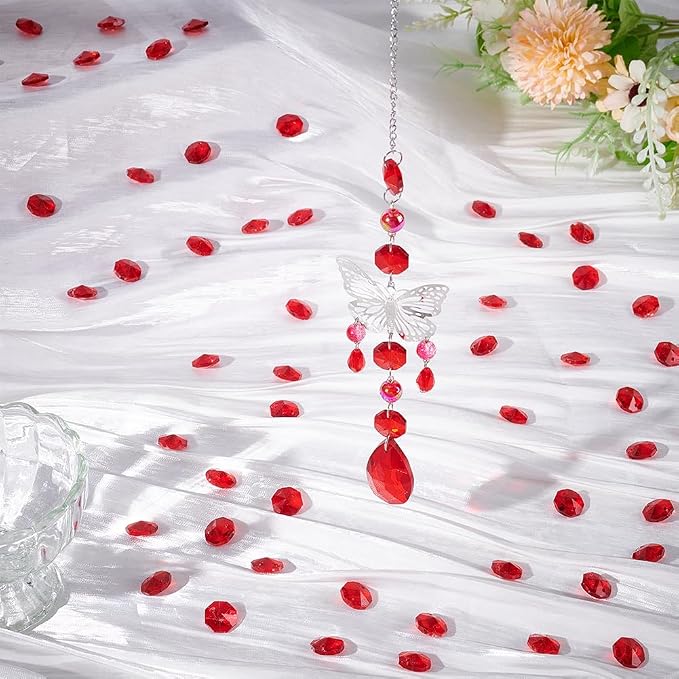 1 Box 120Pcs 14mm Crystal Glass Octagon Beads 2 Hole Crystal Prism Beads Red Glitter Chandelier Replacement Connector Suncatcher Faceted Spacers for DIY Lamp Hanging Ornament Pendant Adults