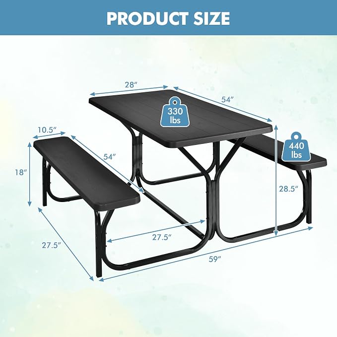 LDAILY Picnic Tables, Rectangular Picnic Table with Steel Frame, 2 Benches Set, HDPE Tabletop, Plastic Picnic Table for Outdoor, Camping, Patio, Lawn, Yard, Picnic Parties (Black)