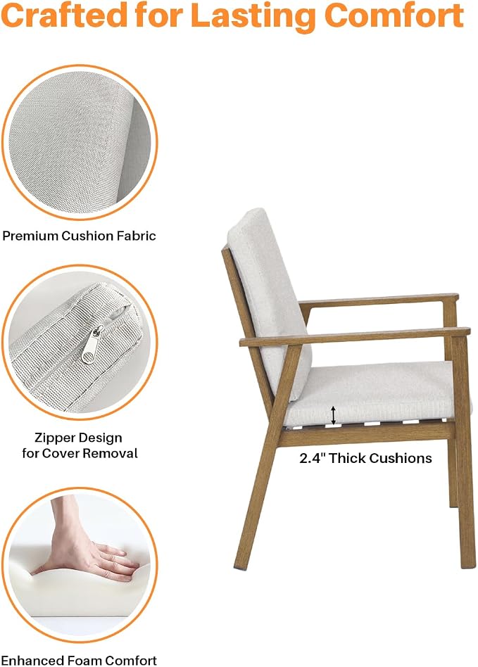 Outdoor Patio Dining Chair Set of 2, Never-Rust Outdoor Aluminum Patio Chairs with Thickened Cushions, Patio Dining Furniture Chairs Set for Garden, Backyard, Porch, Lawn, Teak