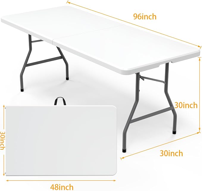 VTOY 8FT（30" x 96"） Folding Table, Indoor Outdoor Heavy Duty Picnic Table with Carrying Handle,Plastic Fold up Table for Picnic, Party, Camping，Office - White