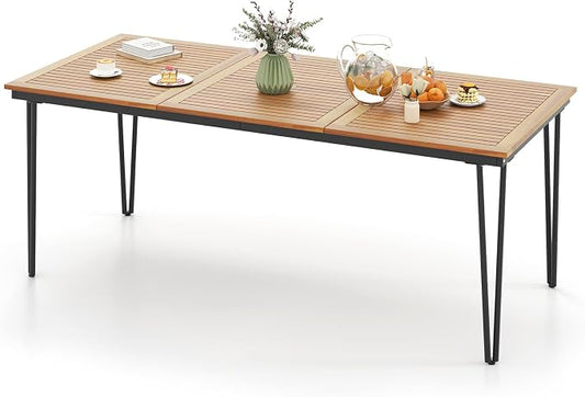 HAPPYGRILL Patio Dining Table for 8, 79" Rectangle Table with Acacia Wood Tabletop & Heavy Duty Metal Frame, Outdoor Dining Table with 2" Umbrella Hole for Backyard, Lawn & Garden