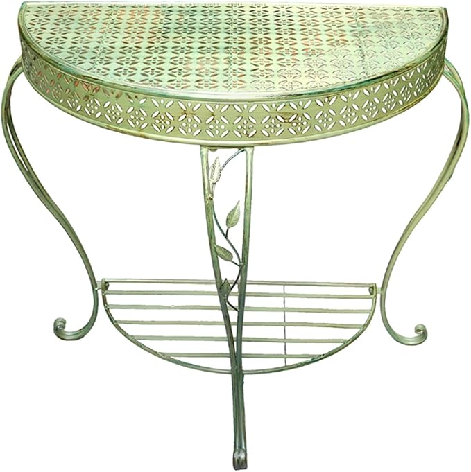 Outdoor Half-Moon Patio Console Table, 2 Tier Iron Half Round Garden Porch Table, Antique All-Weather Mid Century Tables(Green)