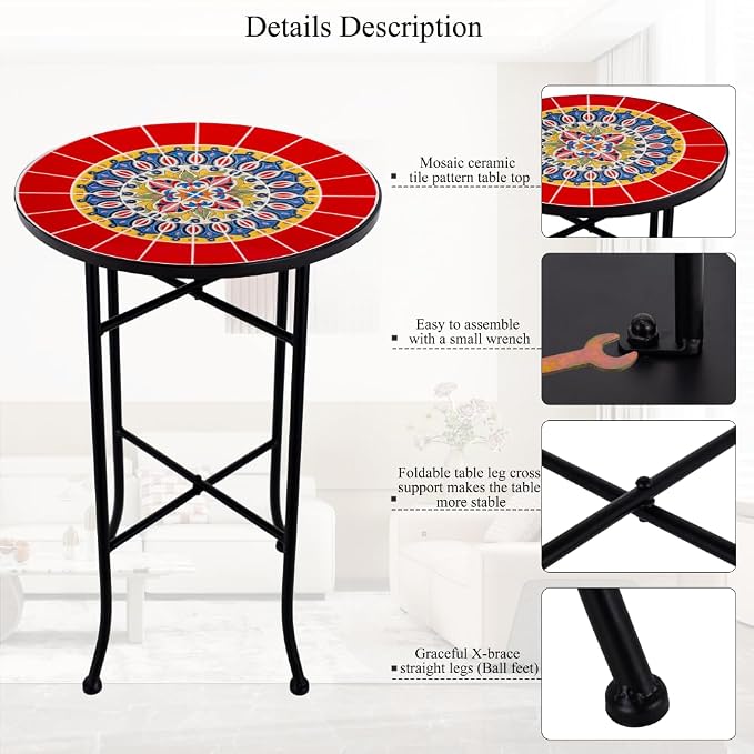 Mosaic Outdoor Side Table Small Round Patio Table Plant Stand | 21" Accent End Table with 14" Ceramic Tile Top for Small Spaces Porch Pool Garden Decor Indoor Living Room Bedroom Balcony