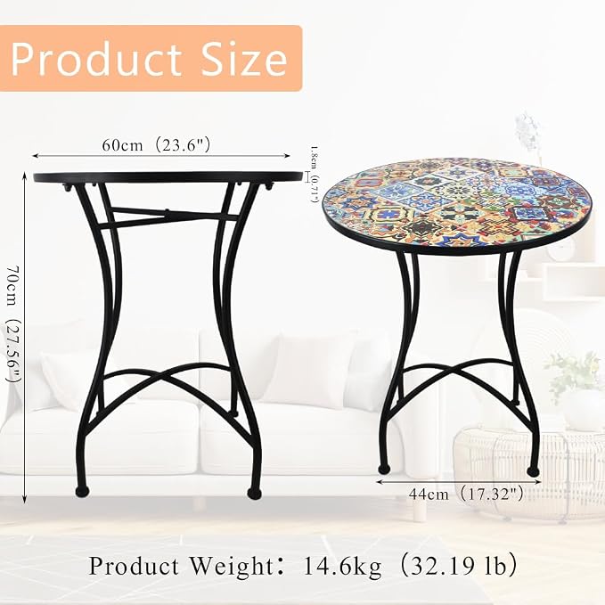 24 Inch Mosaic Patio Round Side Table with X-Curved Legs Indoor and Outdoor Accent End Table for Yard, Garden, Living Room, Bistro, B - Multicolor Talavera