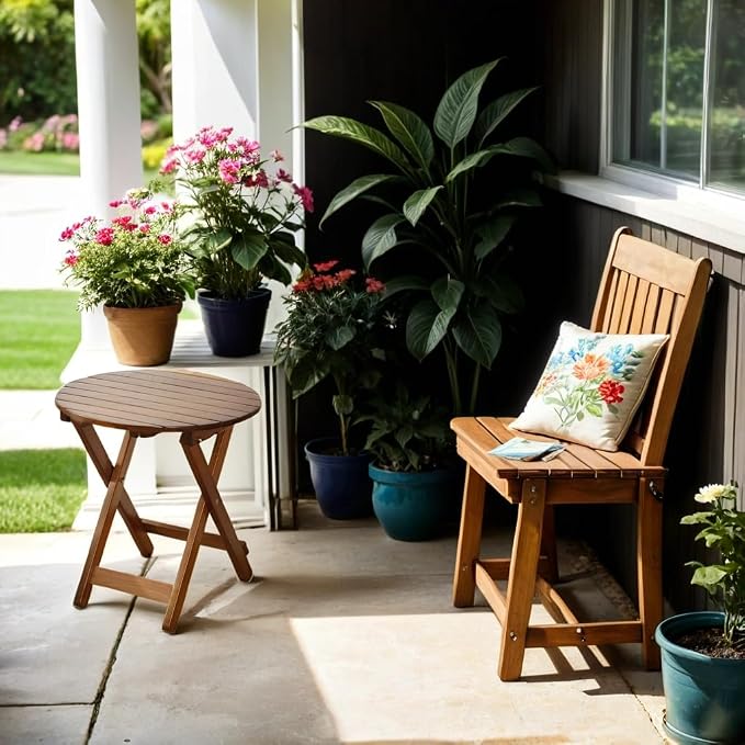 Outdoor Small Table, Round Folding Wooden Patio Side Table Furniture End Table for Adirondack Chair, Balcony, Porch, No Assembly Required, Brown