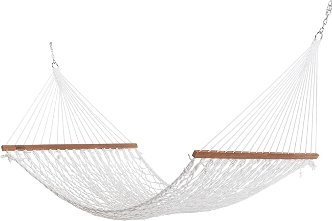 Hatteras Hammocks Deluxe White Duracord Rope Hammock with Free Extension Chains & Tree Hooks, Handcrafted in The USA, 450 LB Weight Capacity, 13 ft. x 60 in