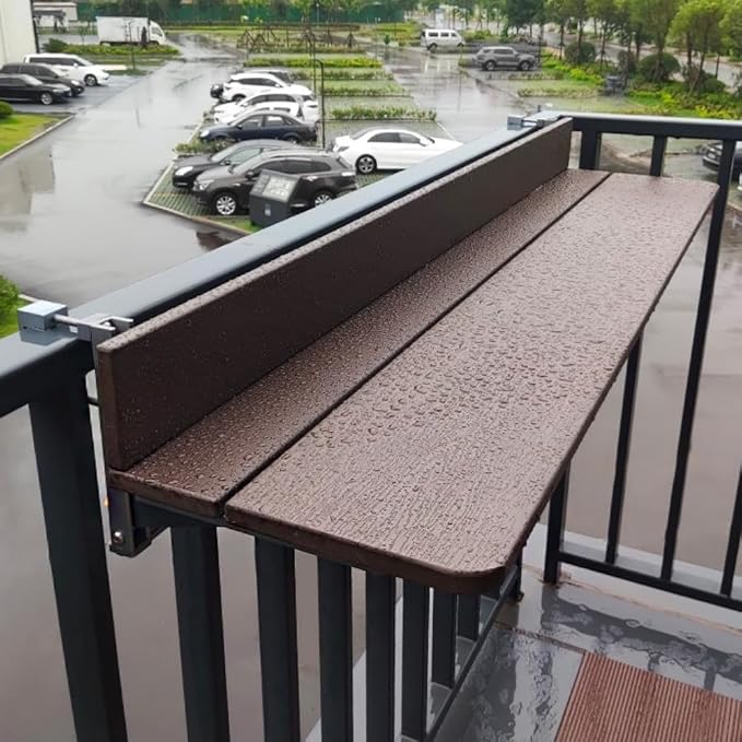 Balcony Railing Table, Heavy-Duty Adjustable Outdoor Tray with Quick Clamp – No Drill Industrial Metal Desk for Railings, Weatherproof Foldable Bar Table for Patio, Deck, Plants & Drinks(23.6''L)