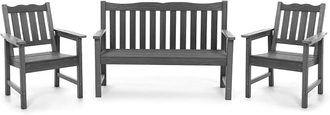 Stoog All-Weather Outdoor Bench & Chairs Set, 3-Piece Patio Furniture Set, Include 1 Garden Bench and 2 Garden Chairs, Never Rot or Fade, Grey