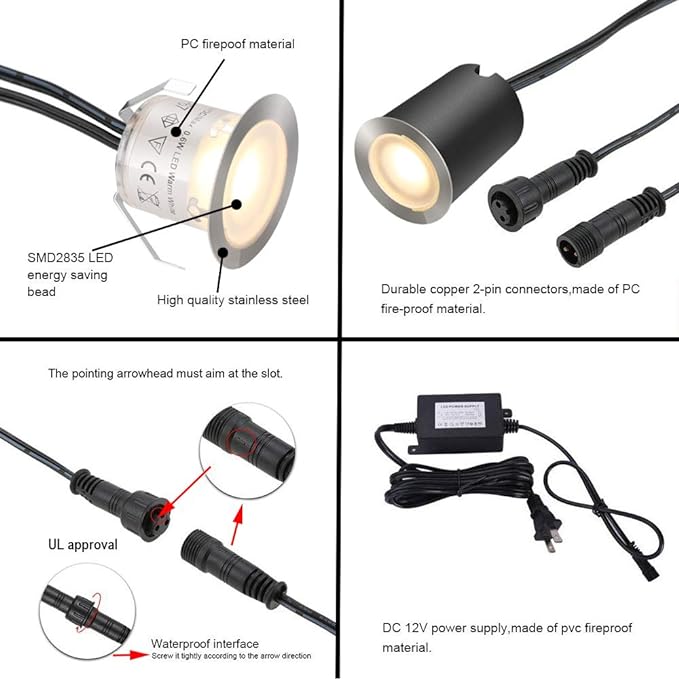 Recessed LED Deck Light Kits with Protecting Shell φ32mm, Outdoor LED Landscape Lighting IP67 Waterproof,12V Low Voltage for Garden,Yard Steps,Stair,Patio,Floor,Kitchen Decoration