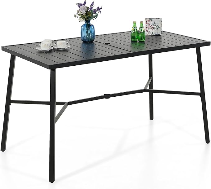MFSTUDIO 39.8” Patio Bar Height Bar Table, Large Rectangular Heavy Duty Metal Table fot7, All Weather Resistant Outdoor Table with Umbrella Hole, Black
