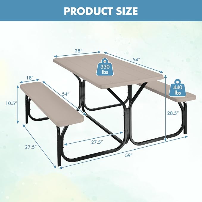 ORALNER Picnic Table, Plastic Dining Table & 2 Benches Set, Weather Resistant Wood Grain Resin Tabletop & Steel Frame, Picnic Tables for Outdoors, Porch Yard Patio Lawn Party Camping (Light Brown)