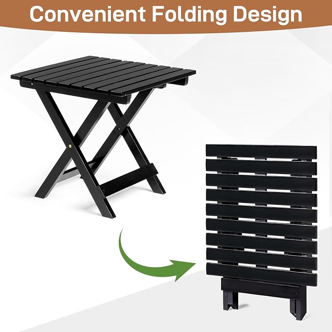 Outvita Wood Folding Side Table, Portable & Lightweight Compact Wooden Side Table, 18 inch Height for Camping Outdoor, Indoor, Patio, Porch, Balcony - Square, Black