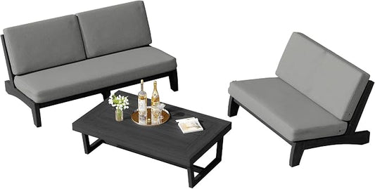 3 Piece Teak Outdoor Patio Frutnire Set, 5 Seater Patio Conversation Sets with Thick Cushions, Outdoor Sectional Furniture with Coffee Table - Gray