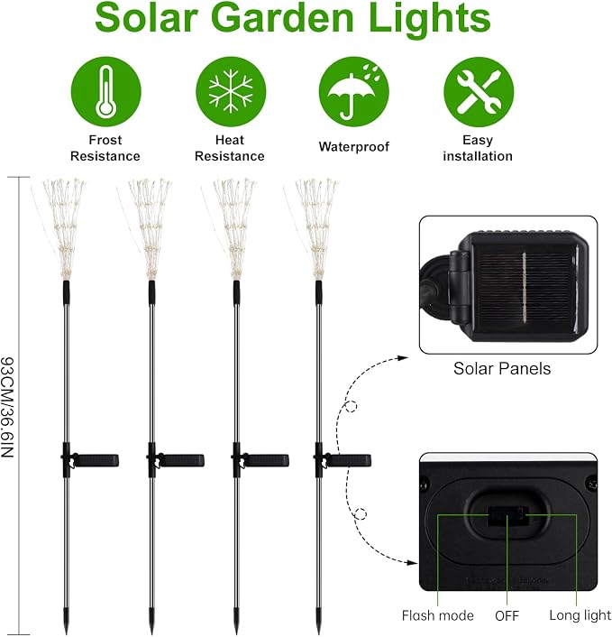 PXBNIUYA 4 Pcs Solar Garden Light Outdoor,175 LED Solar Firework Lights for Yard, 2 Modes IP67 Waterproof Copper Wire DIY Decorative Light, Starburst Lights for Party Patio（Warm White）
