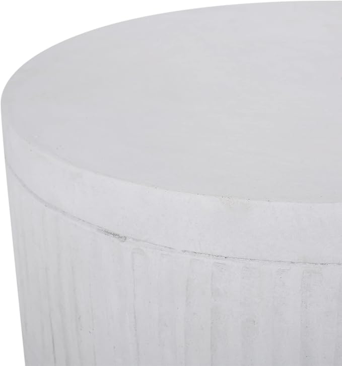 Outdoor Side Table 15" Cylindrical Shape Lightweight Concrete-Look Outdoor Indoor Accent Table Decorative Garden Stools, for Patio Porch Living Room, White