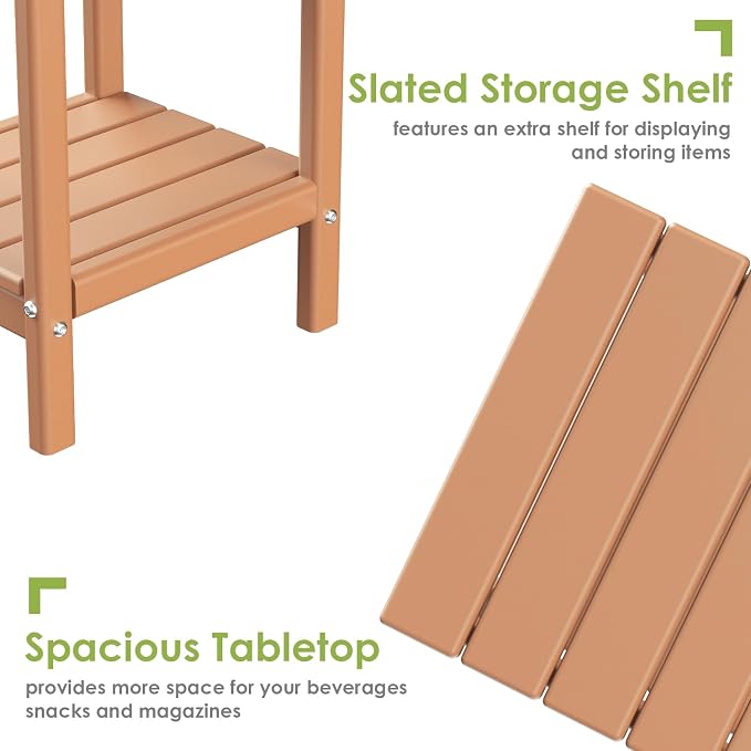 GREENVINES Adirondack-Outdoor-Side-Table | Set of 2 | 14 x 13 Inches | HDPE Plastic | All Weather | Teak | Outside End Tables | Storage Shelf | for Patio Porch Backyard Indoor