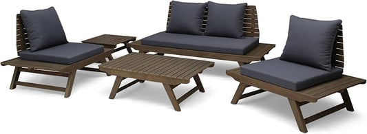 Christopher Knight Home Sedona Outdoor Acacia Wood 4 Seater Chair Loveseat Cushions Chat Patio Furniture Conversation Sets with Coffee Table, 37 "W x 28.25 "D x 29.5 "H, Gray + Dark Gray