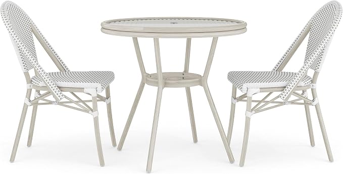 Martha Stewart Lily Pond 31” Round Indoor-Outdoor Bistro Dining Table with Aluminum Frame in Gray Woodgrain and Rattan Top in White/Gray with Tempered Glass Top