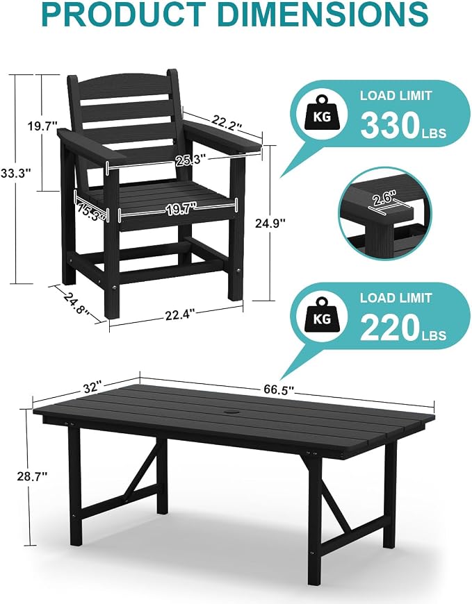 PLUUV Outdoor Patio Dining Set for 6, 66" HDPE Table with Umbrella Hole Cut-Out & 6 Chairs, Wood-Like Texture, All-Weather Furniture for Backyard, Garden, Porch, Black