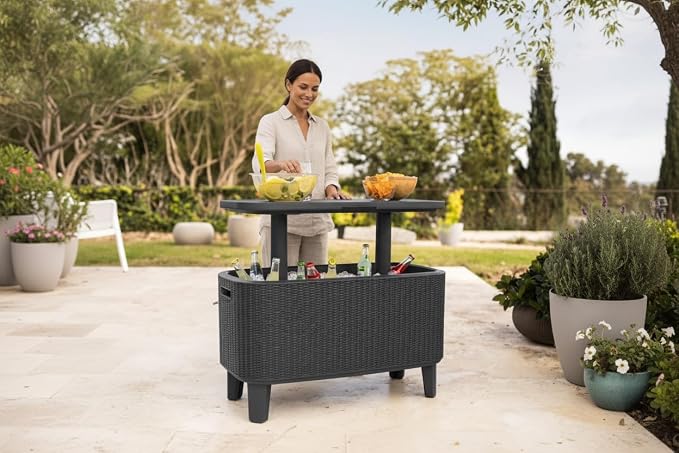 Bevy Bar 2-in-1 Pop-Up Table and Cooler, Rattan Style, Graphite Gray, 32.8" x 15.9" x 20.4