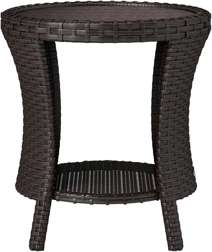 Outdoor Rattan Side Table with 2-Tier Storage, 18.1" Hourglass Shape Outdoor End Table, PE Wicker Bistro Coffee Table with Wood-Plastic Composite Top for Patio Garden Balcony, Brown