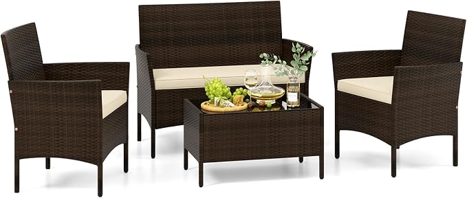 Tangkula 4 Piece Patio Rattan Conversation Set, Outdoor Wicker Furniture Set with Chair, Loveseat & Tempered Glass Table, Cozy Seat Cushions, Outside Sectional Sofa Set for Backyard, Porch (1, Beige)