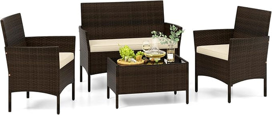 Tangkula 4 Piece Patio Rattan Conversation Set, Outdoor Wicker Furniture Set with Chair, Loveseat & Tempered Glass Table, Cozy Seat Cushions, Outside Sectional Sofa Set for Backyard, Porch (1, Beige)