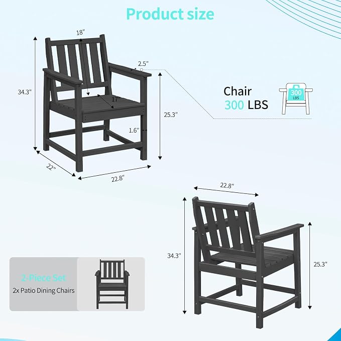 All-Weather Outdoor Chairs, 2-Piece Patio Dining Chairs with Backrest and Armrest, 300 lbs Support HDPE Dining Chair Furniture for Garden, Deck, Porch, Black
