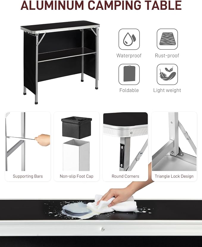 Outvita Portable Bar Table, 2pcs Outdoor Folding Mobile Bar Counter with 2 Tier Shelves and Black Skirt for Wedding Party Birthday Commercial Activity Musical Festival 39 "L x 34" H