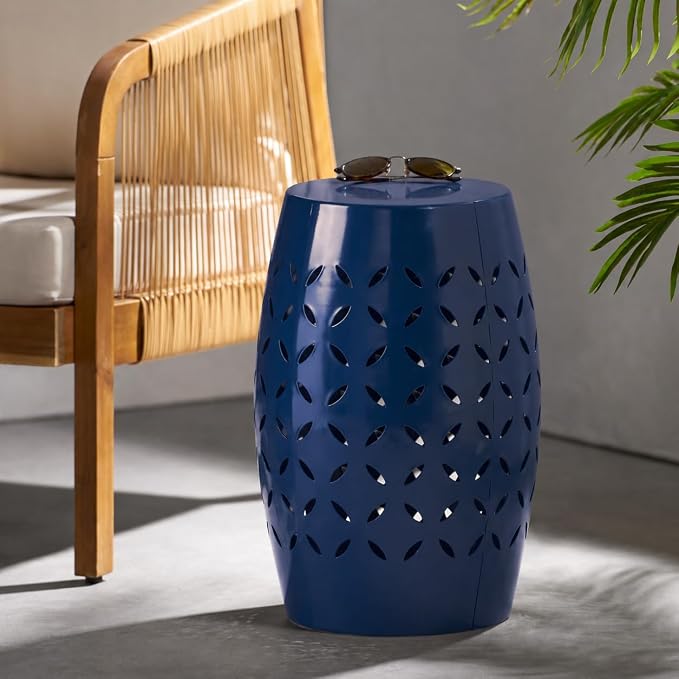 12" Outdoor Side Table, Decorative Cutout Metal Round Side Table, Multi Functional - Coffee Table, Night Stand, Plant Stand for Patio, Garden, Backyard, Gazebo Indoor (Navy)