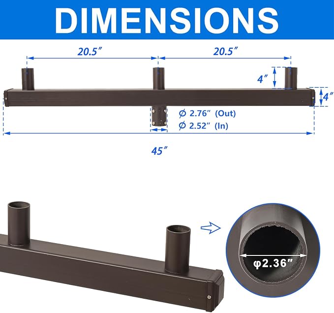 180° Low Profile Bullhorn Tenon with 3 Arms, 180° Vertical Tenon Bullhorn Bracket for 3 Lights, 2-3/8 in Slip Fitter Light Mounting for Parking Lot Pole Bracket Dark Bronze Heavy Steel