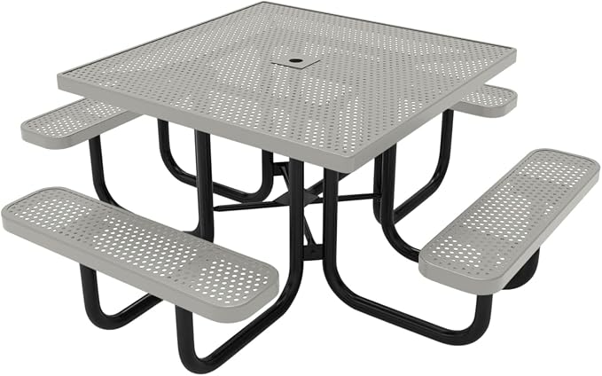 COATEDOUTDOORFURNITURE Heavy-Duty Portable Outdoor Picnic Table with Umbrella Hole, Punched Steel Commercial-Grade Patio Dining Furniture Made in America (46" Square Top, Grey)